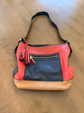 Coach Colorblock Leather Shoulder Bag in Red, Navy & Tan